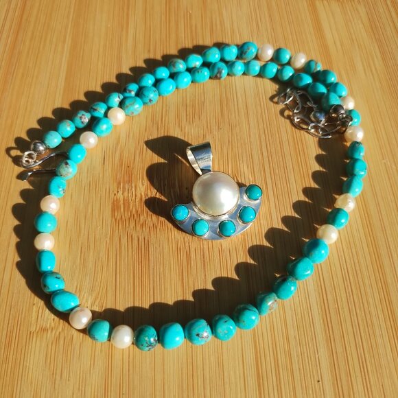 Jay King DTR mine finds Turquoise Mabe pearl necklace pendant 925 Sterling Silve - Picture 6 of 6